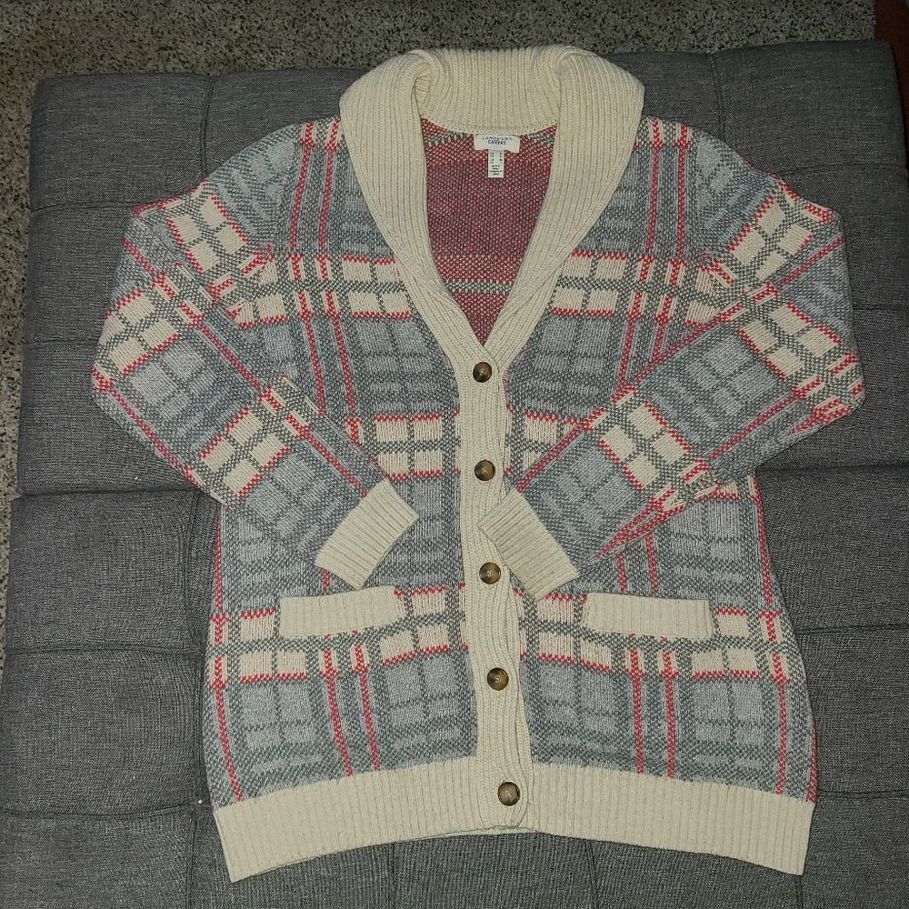 Lands End canvas 1963Vl vtg PLAID CARDIGAN SWEATER SIZE M cotton wool blend euc - Picture 7 of 15